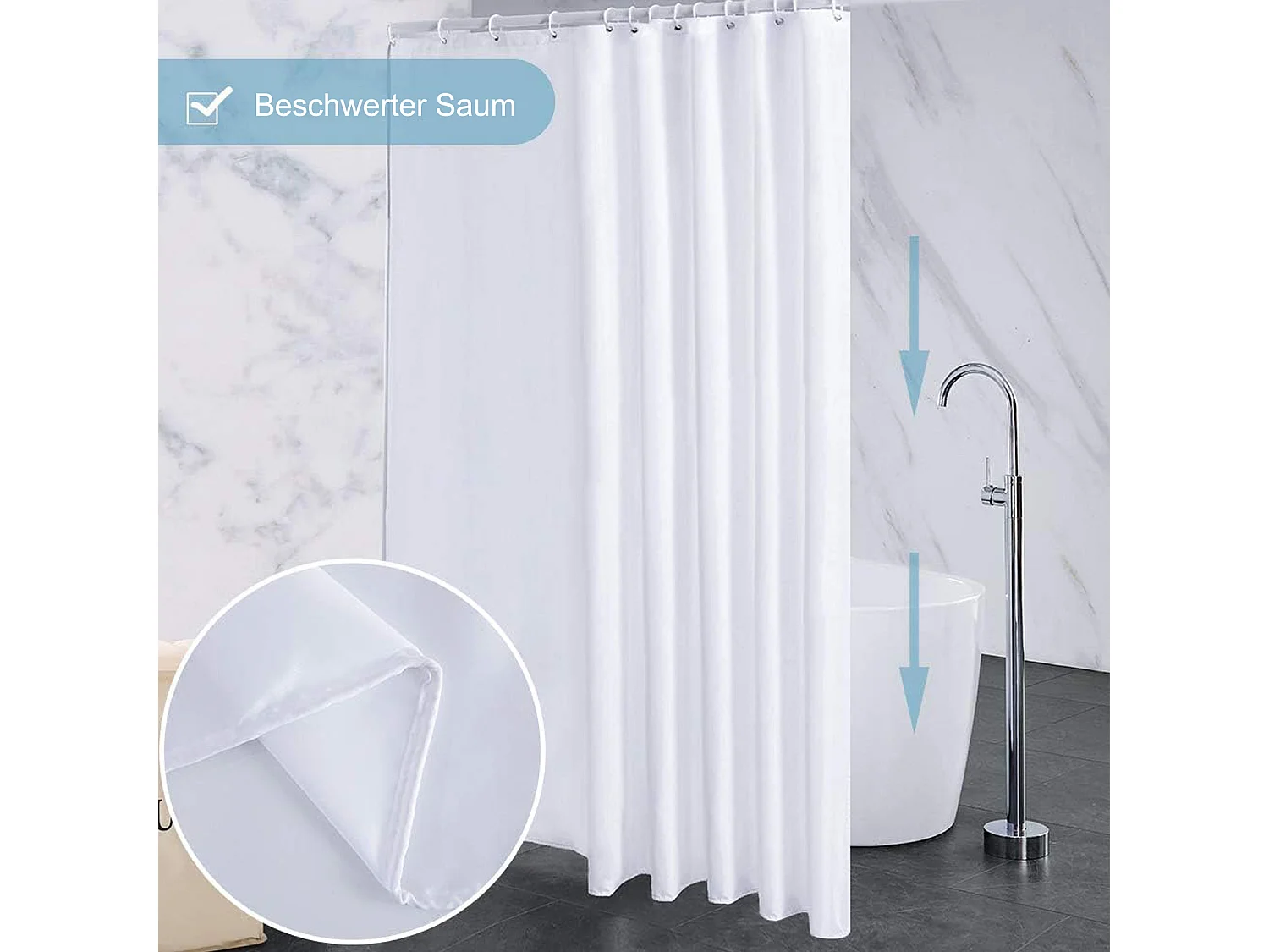 Rideau de douche blanc pour salle de bain, 240 x 200 cm, avec crochets