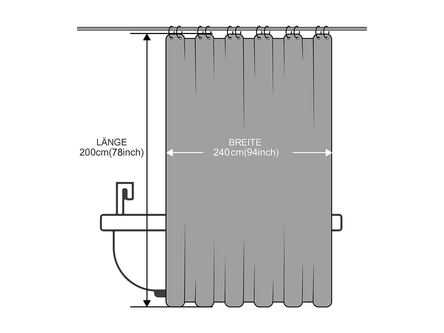Rideau de douche blanc pour salle de bain, 240 x 200 cm, avec crochets