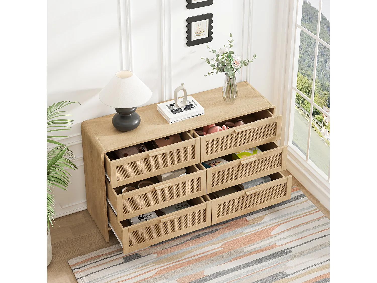 Commode avec 6 tiroirs en rotin, naturel clair - Pour chambre et salon