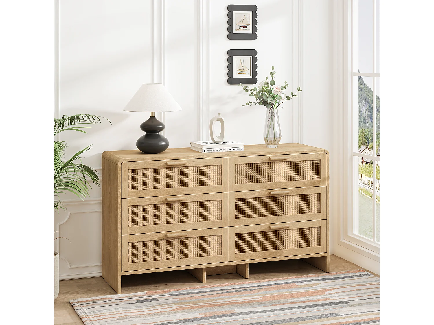 Commode avec 6 tiroirs en rotin, naturel clair - Pour chambre et salon