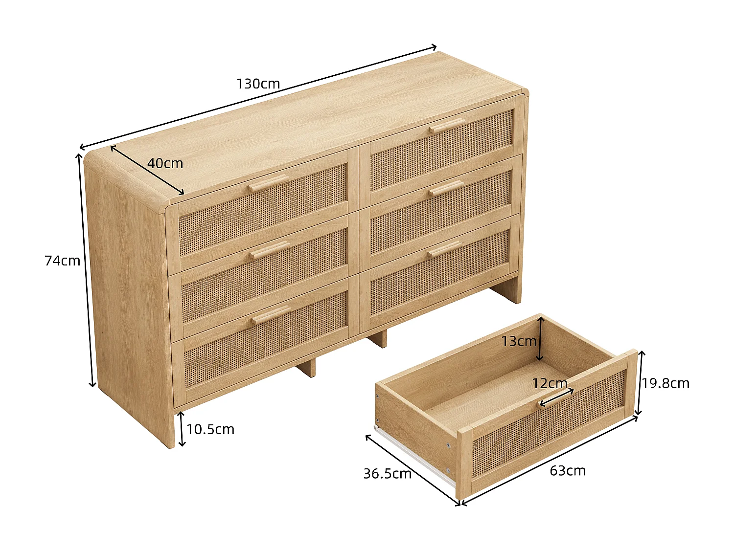 Commode avec 6 tiroirs en rotin, naturel clair - Pour chambre et salon
