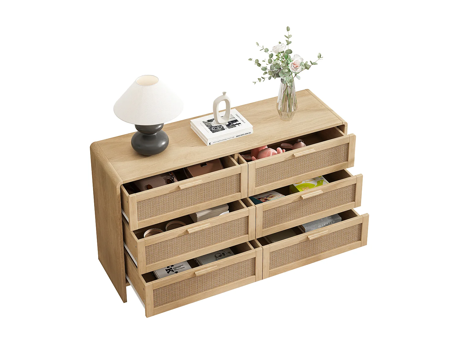 Commode avec 6 tiroirs en rotin, naturel clair - Pour chambre et salon