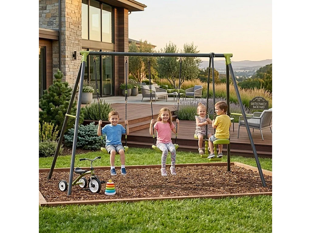 Balançoire en métal 3 places pour enfants - Avec 2 balançoires et 1 vis-à-vis - Vert