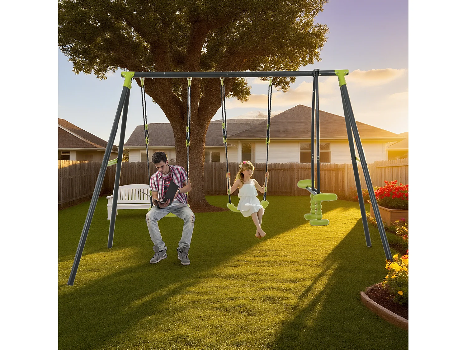 Balançoire en métal 3 places pour enfants - Avec 2 balançoires et 1 vis-à-vis - Vert