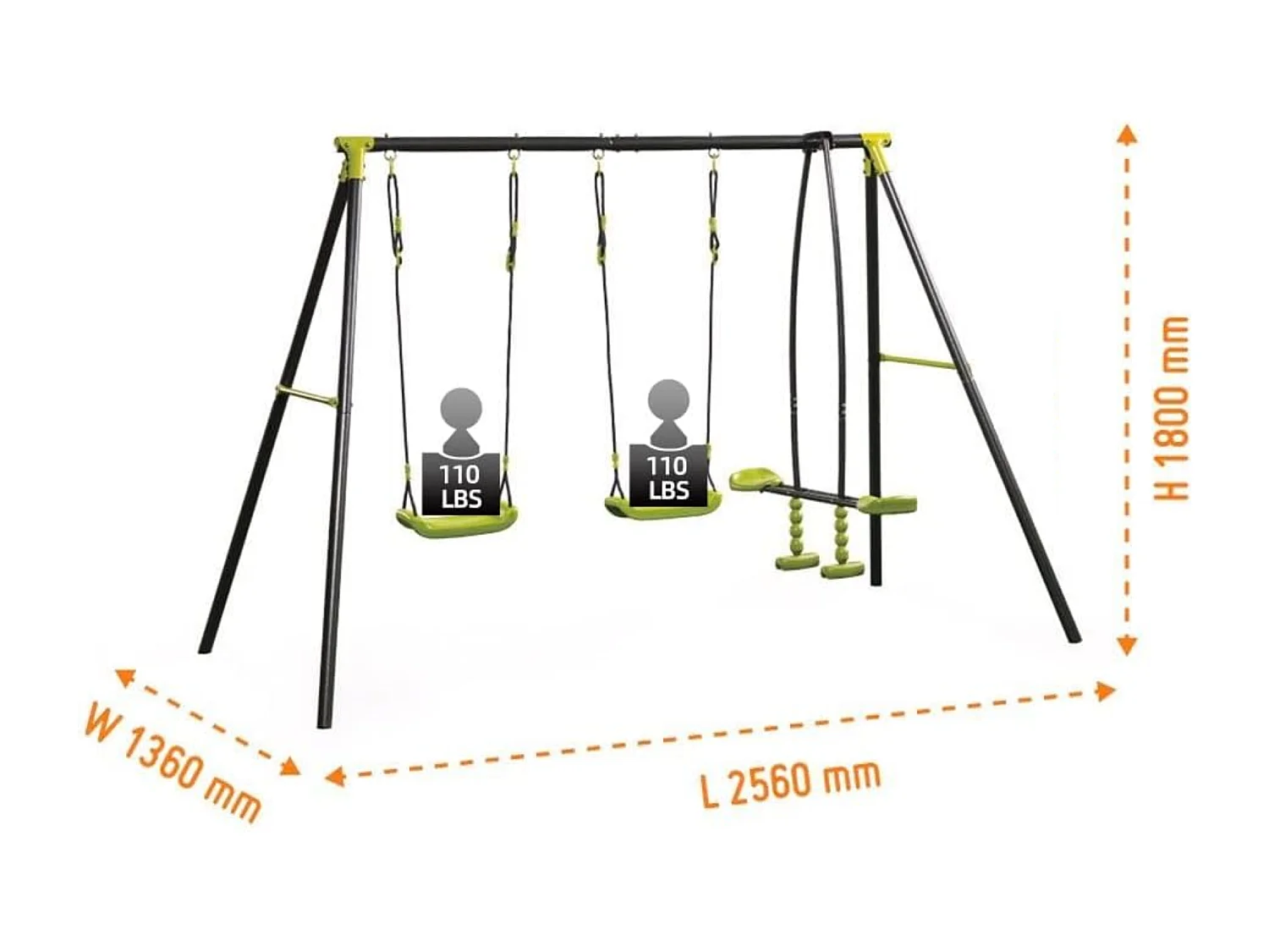 Balançoire en métal 3 places pour enfants - Avec 2 balançoires et 1 vis-à-vis - Vert