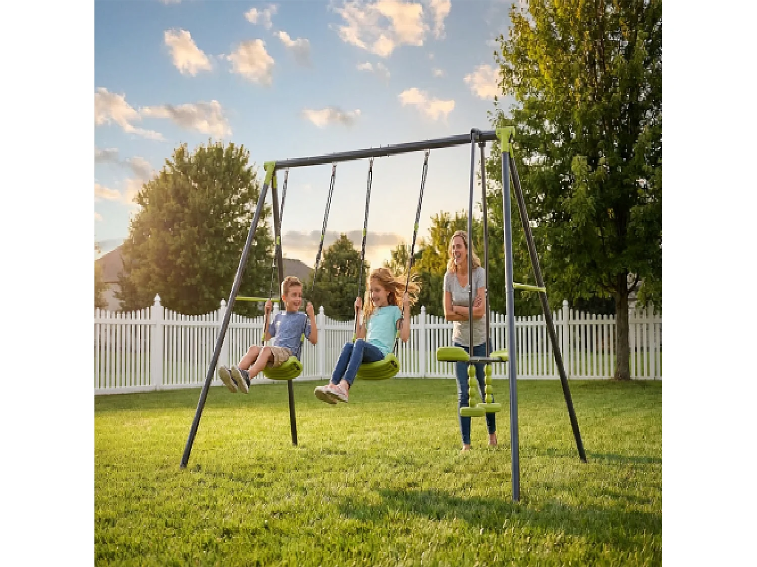 Balançoire en métal 3 places pour enfants - Avec 2 balançoires et 1 vis-à-vis - Vert