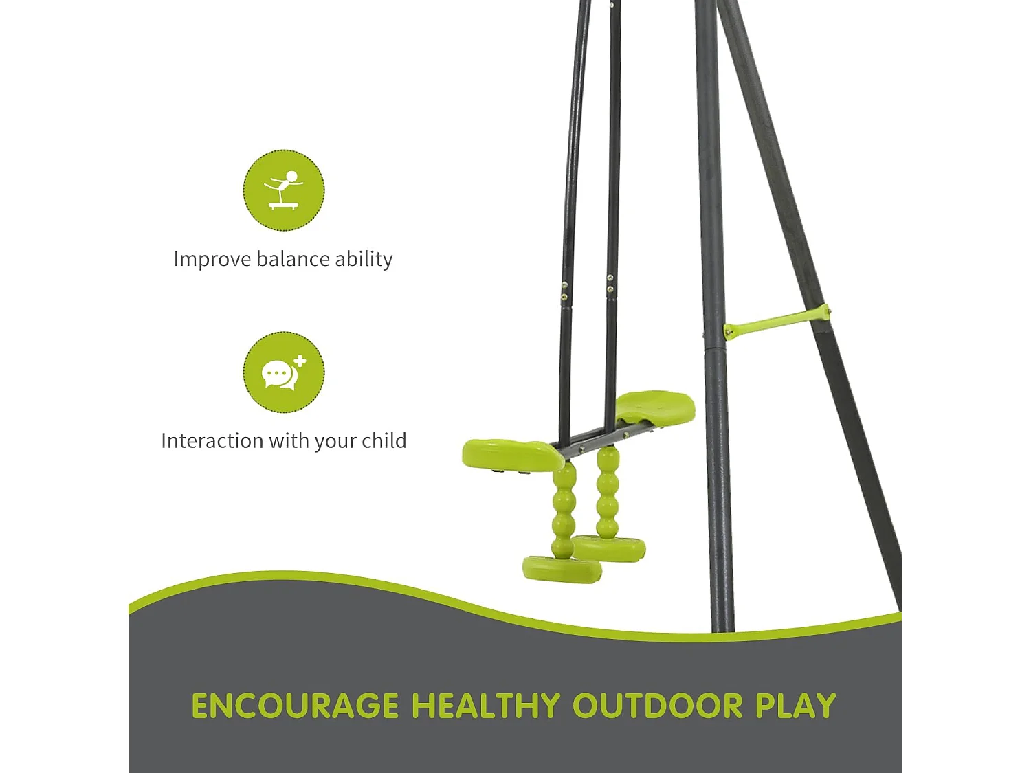 Balançoire en métal 3 places pour enfants - Avec 2 balançoires et 1 vis-à-vis - Vert