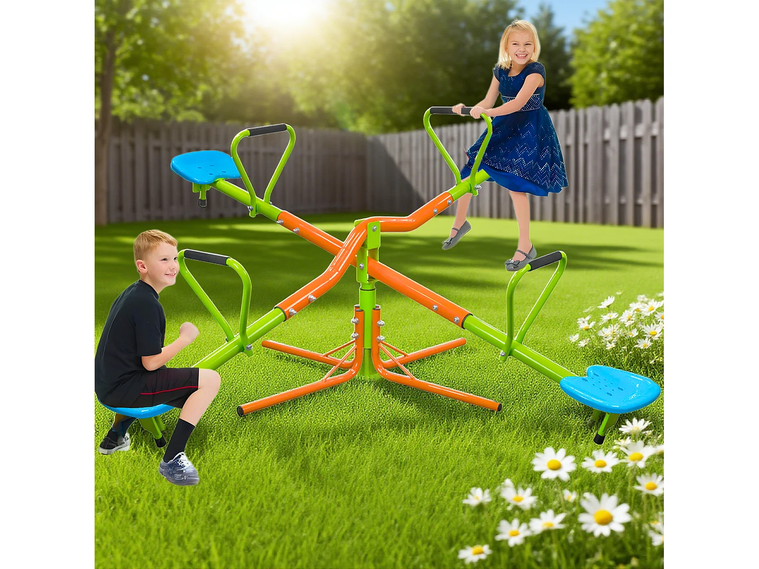 Balançoire 4 places en acier pivotante avec siège en plastique robuste - Vert