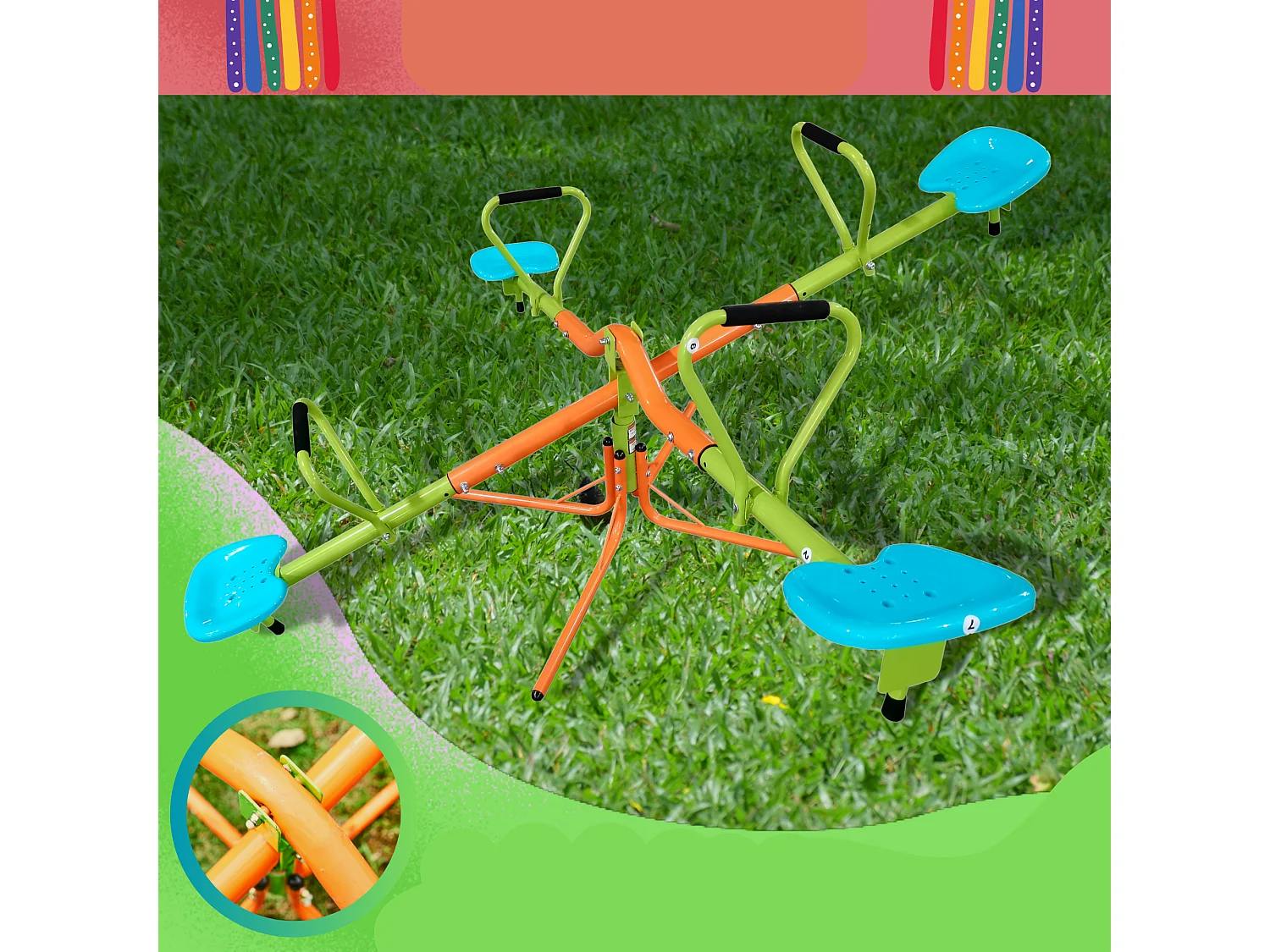 Balançoire 4 places en acier pivotante avec siège en plastique robuste - Vert