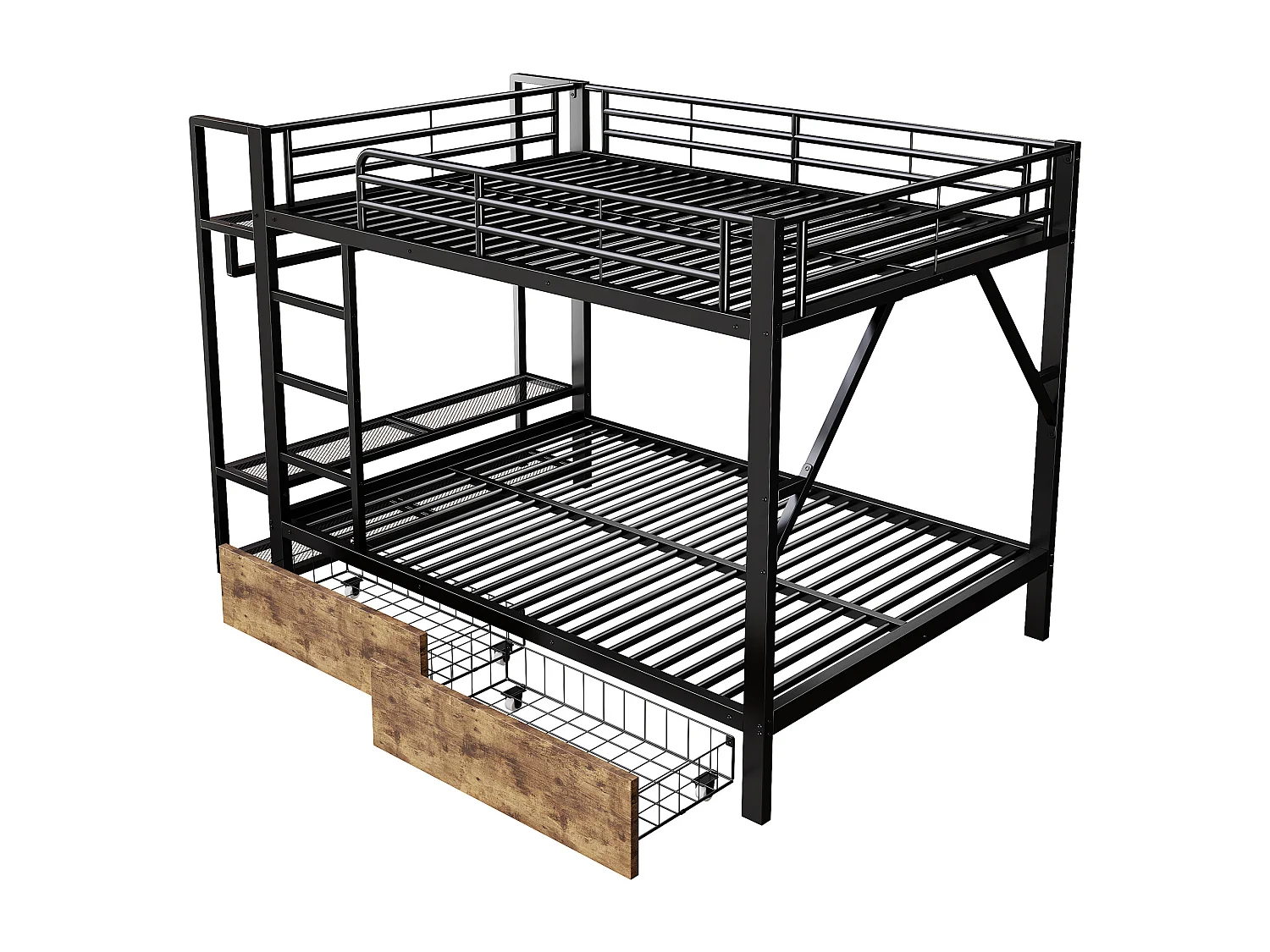 Stapelbed 140 x 200 cm met 2 lades, ledverlichting en kledingkast - Zwart ijzeren frame