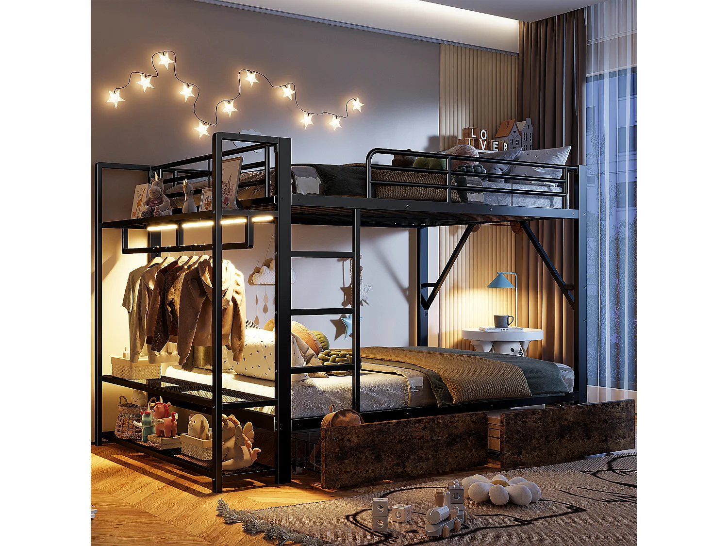 Stapelbed 140 x 200 cm met 2 lades, ledverlichting en kledingkast - Zwart ijzeren frame