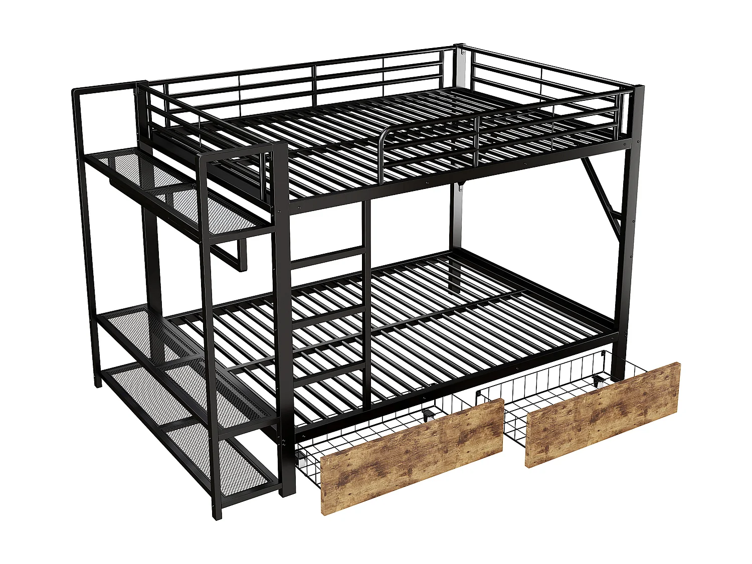 Stapelbed 140 x 200 cm met 2 lades, ledverlichting en kledingkast - Zwart ijzeren frame