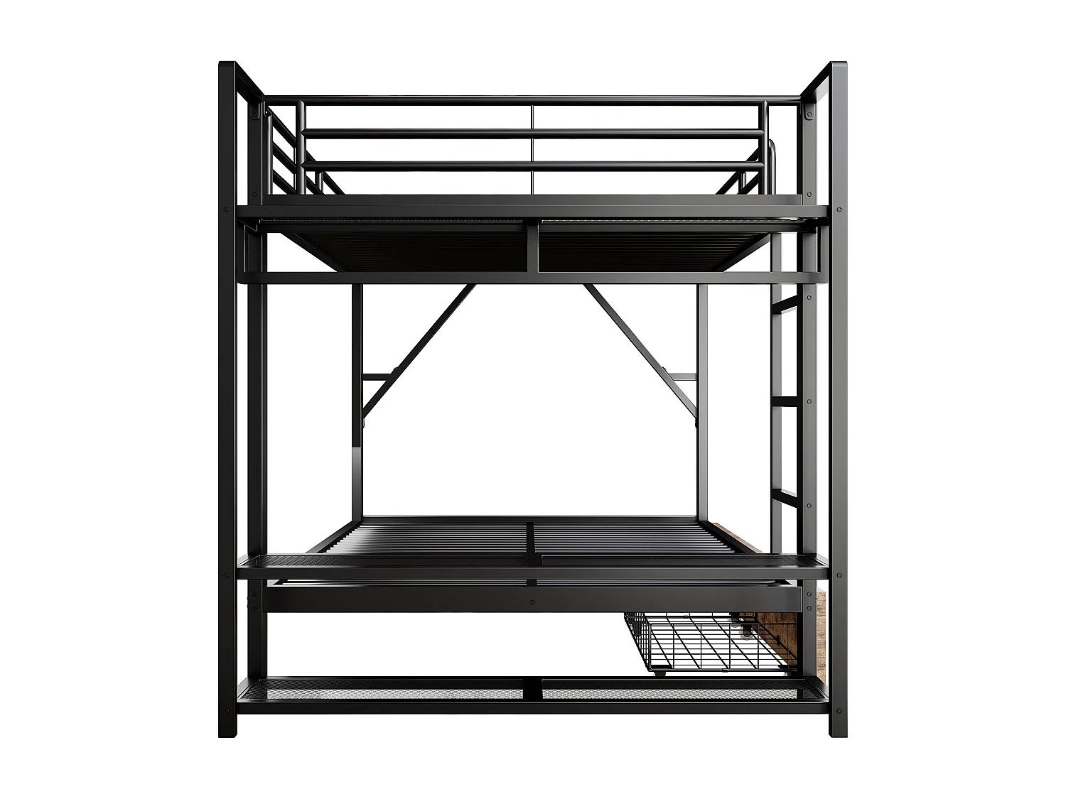 Stapelbed 140 x 200 cm met 2 lades, ledverlichting en kledingkast - Zwart ijzeren frame