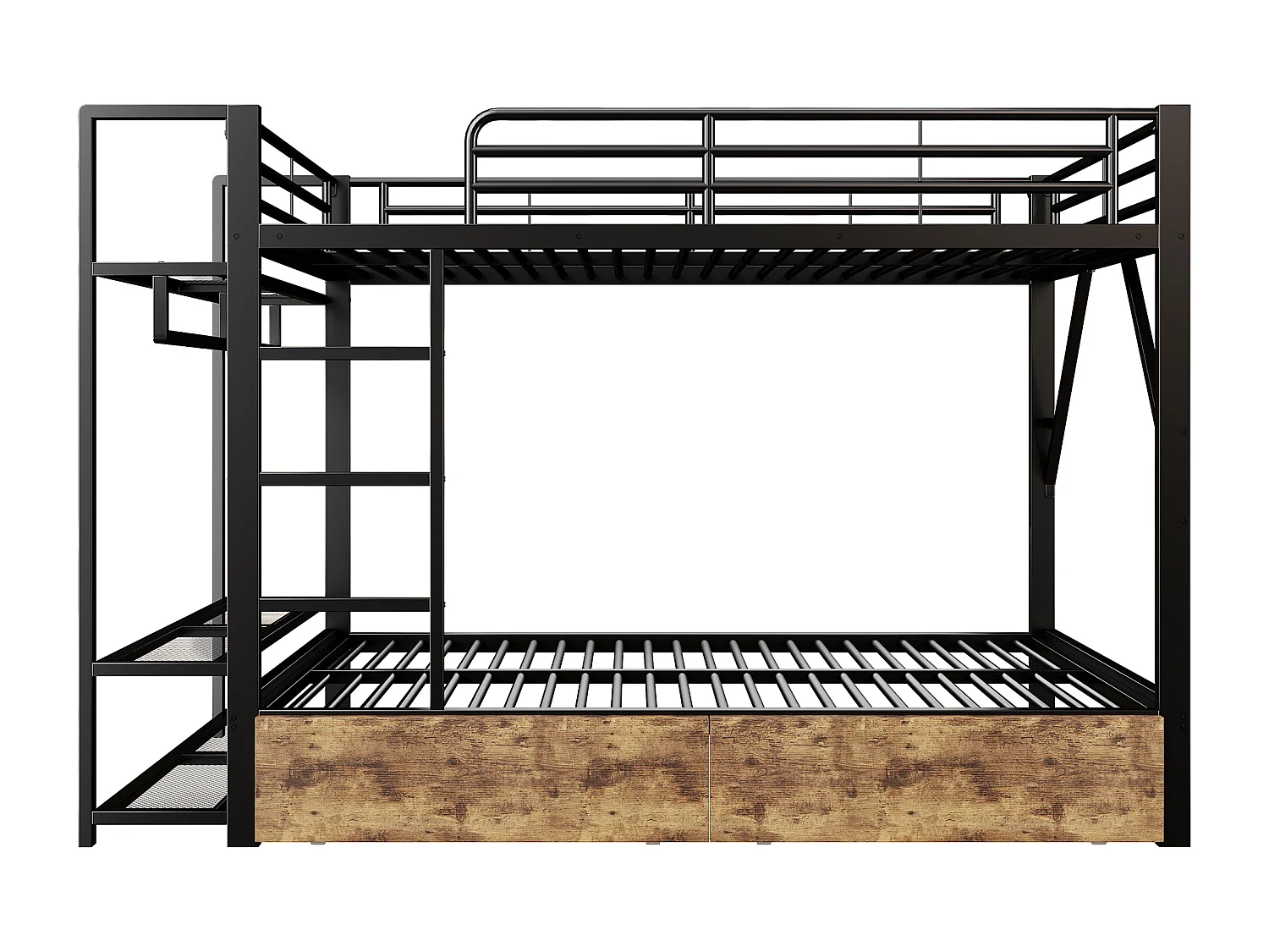 Stapelbed 140 x 200 cm met 2 lades, ledverlichting en kledingkast - Zwart ijzeren frame