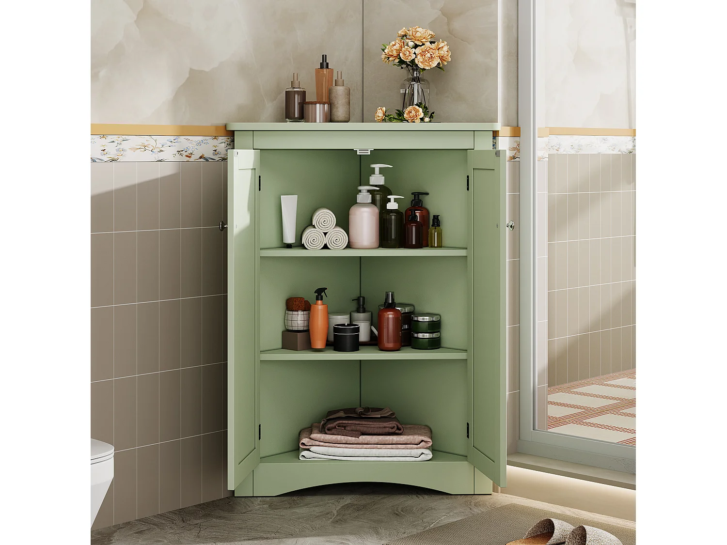 Meuble d'angle triangulaire vert pour salle de bain - Avec 3 étagères