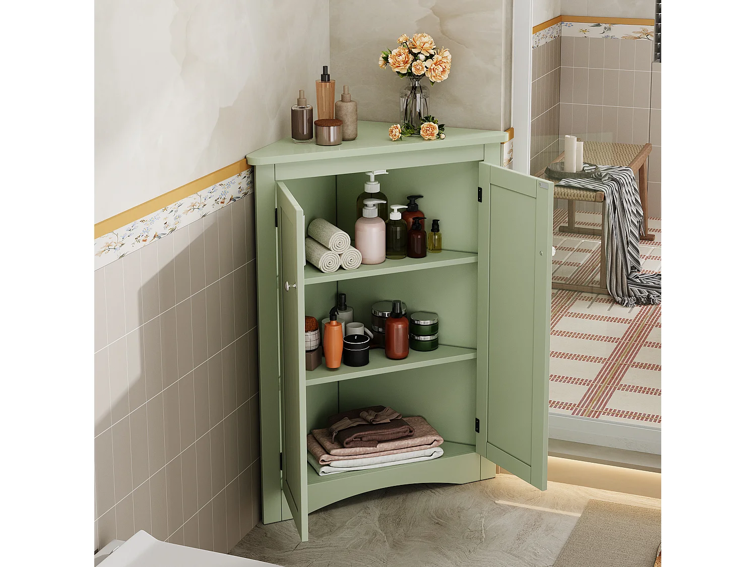 Meuble d'angle triangulaire vert pour salle de bain - Avec 3 étagères