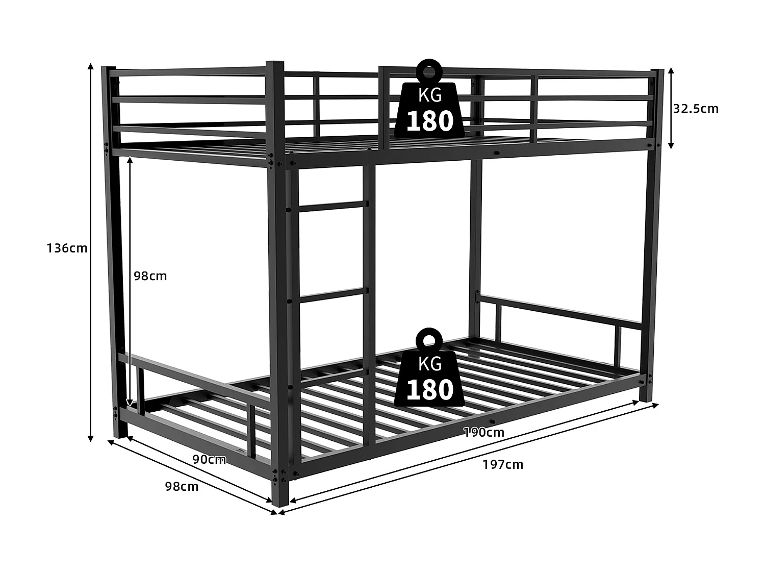 Lit superposé enfant 90x190 cm en métal - Noir