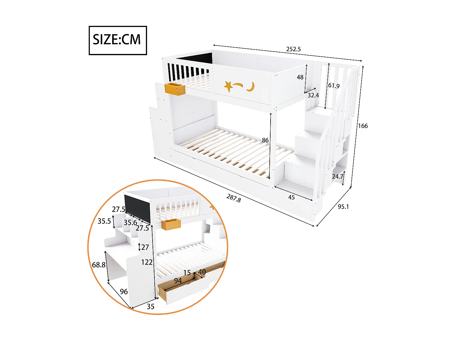 Lit superposé 90x200cm avec 2 tiroirs, escalier de rangement et bureau – Structure en pin - Blanc
