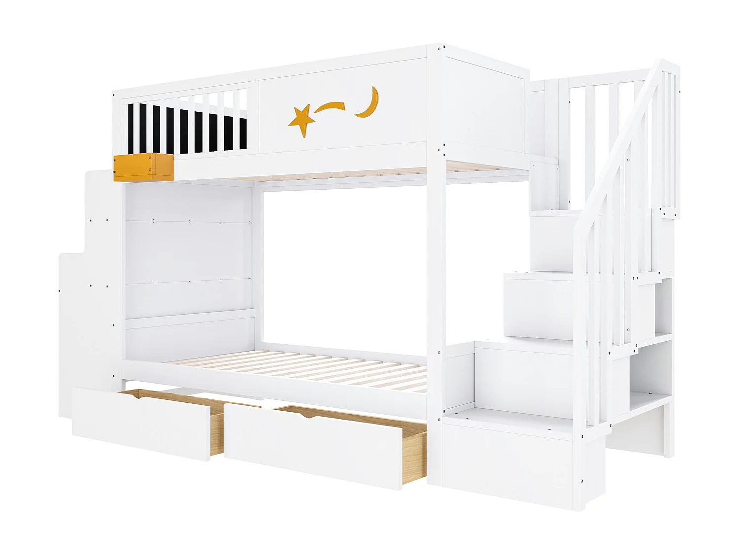 Lit superposé 90x200cm avec 2 tiroirs, escalier de rangement et bureau – Structure en pin - Blanc