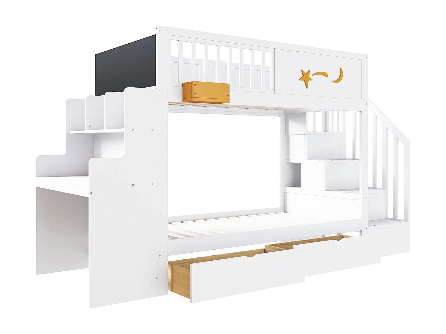 Lit superposé 90x200cm avec 2 tiroirs, escalier de rangement et bureau – Structure en pin - Blanc