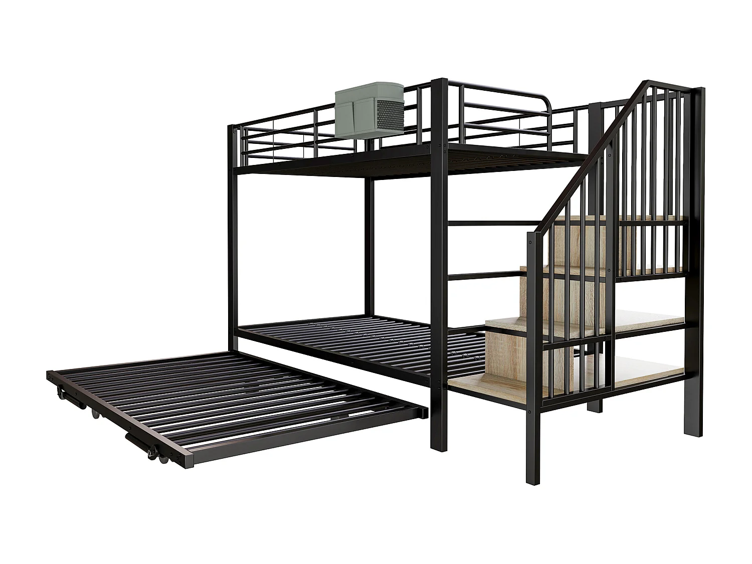 Lit superposé 90 x 200 cm et 180 x 200 cm avec rangement - Métal+bois - Noir