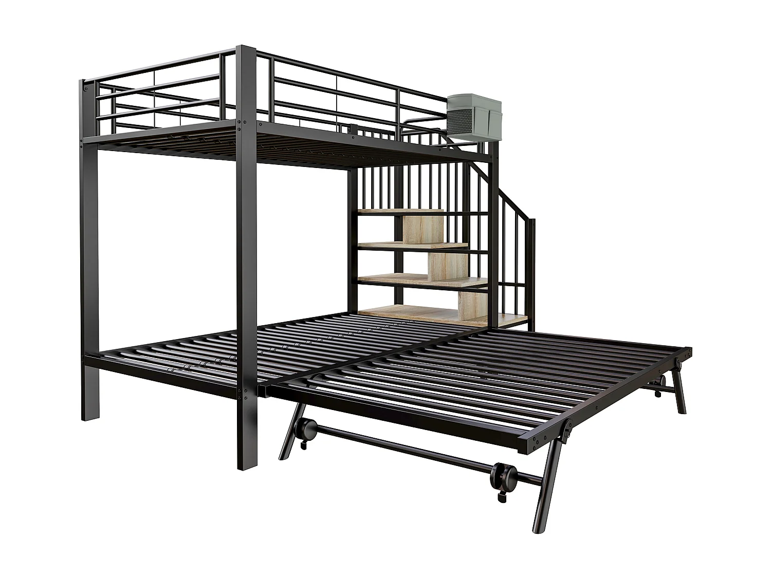 Lit superposé 90 x 200 cm et 180 x 200 cm avec rangement - Métal+bois - Noir