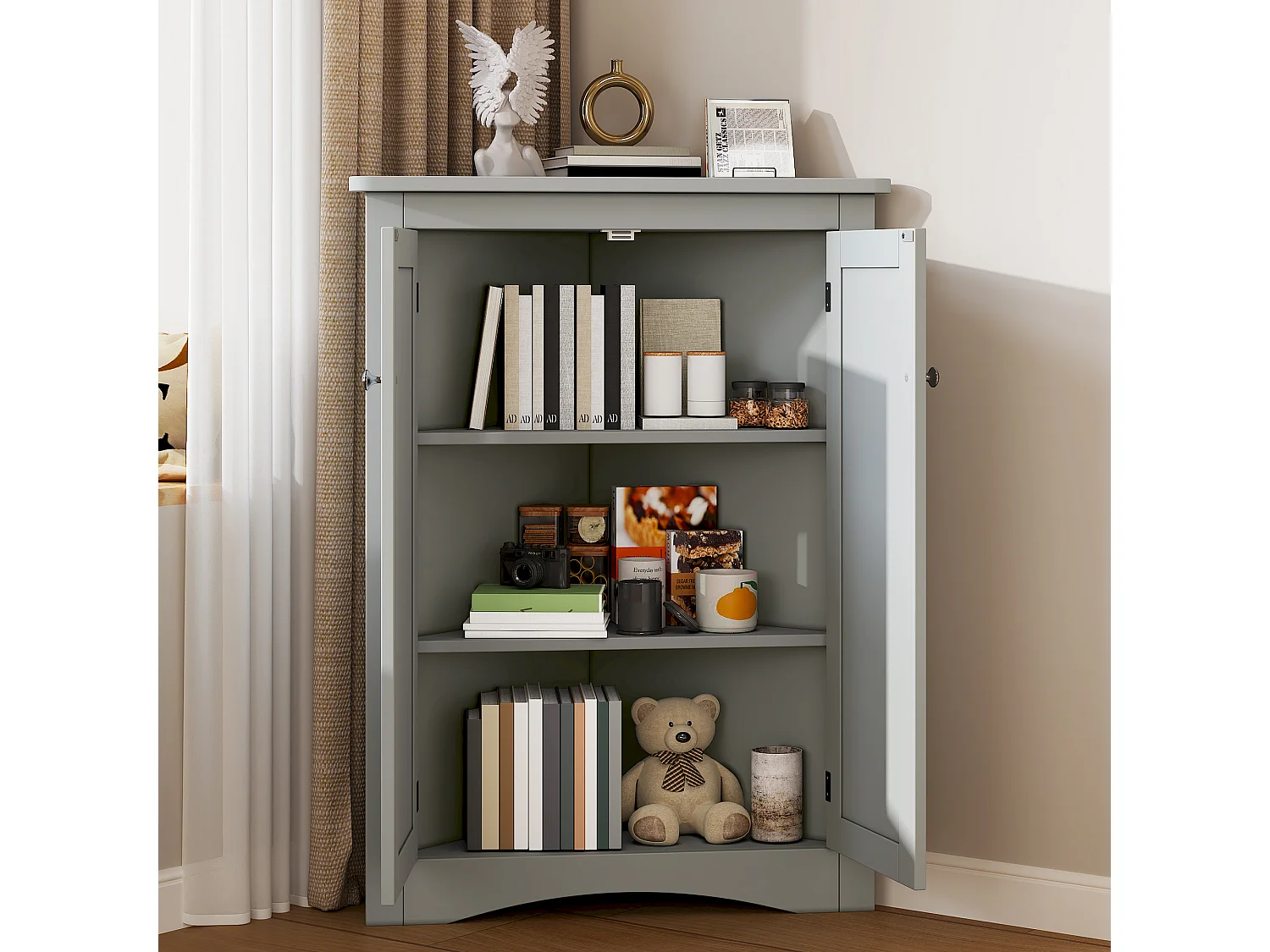 Mueble de baño esquinero triangular gris - Con 3 estantes