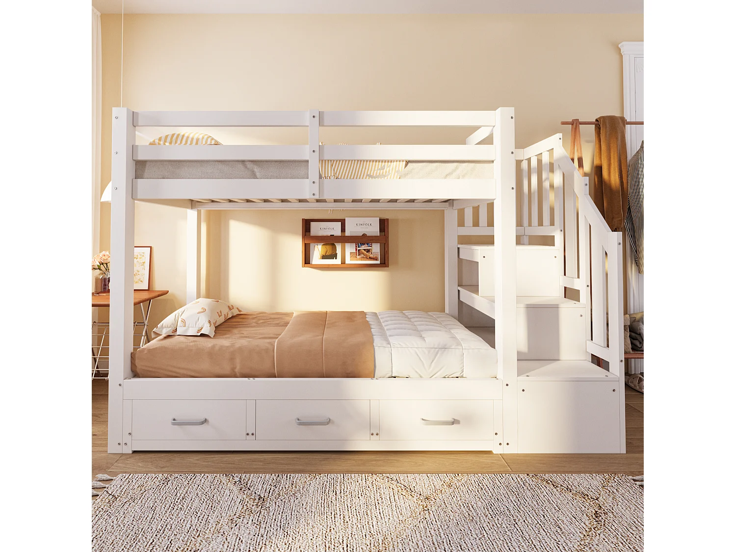 Stapelbed 90 x 200 cm met uitschuifbed 90/180 x 190 cm en 3 lades - houten bed, wit