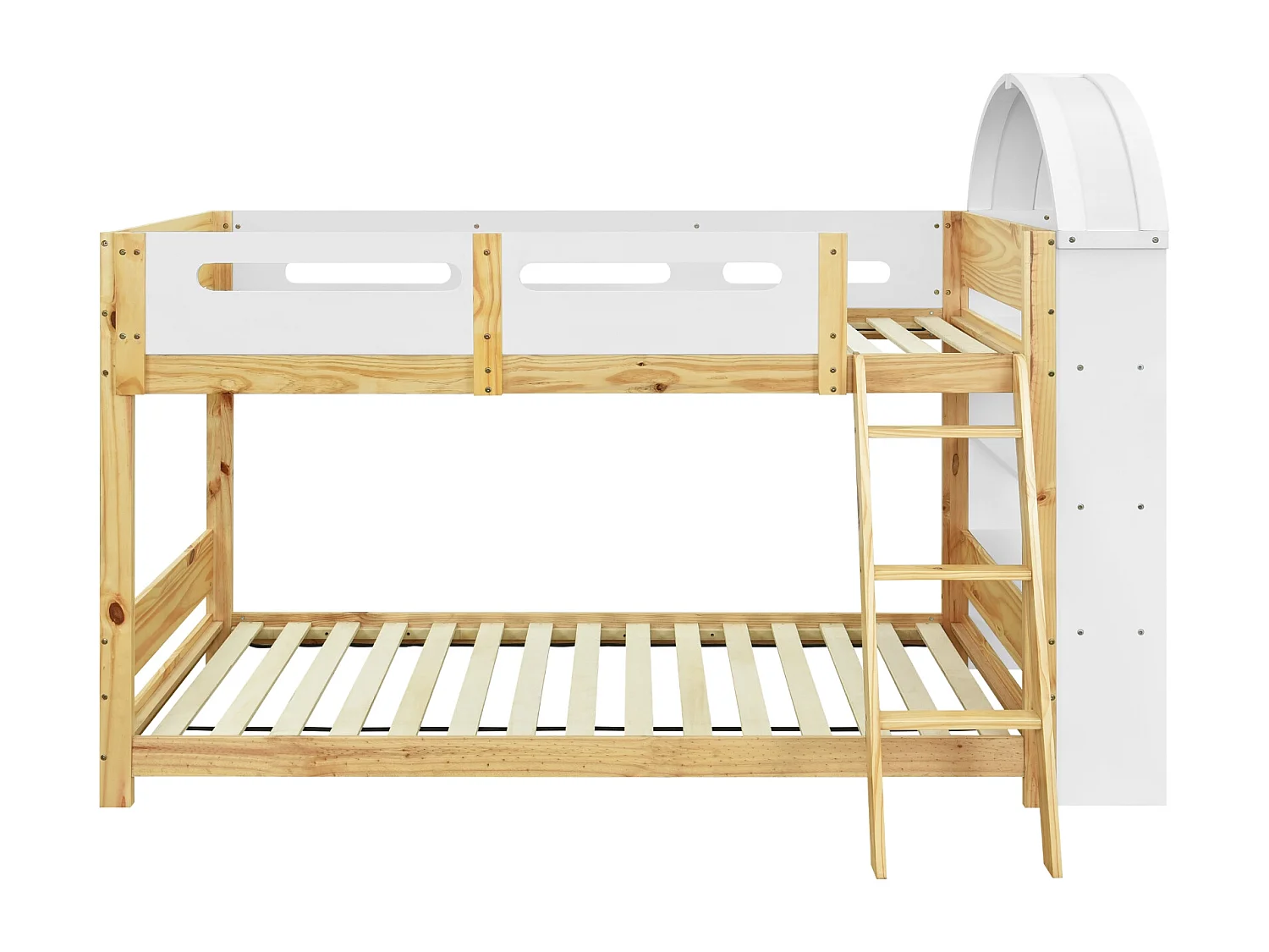 Lit superposé 90 x 200 cm avec étagère, pin + MDF , blanc + naturel