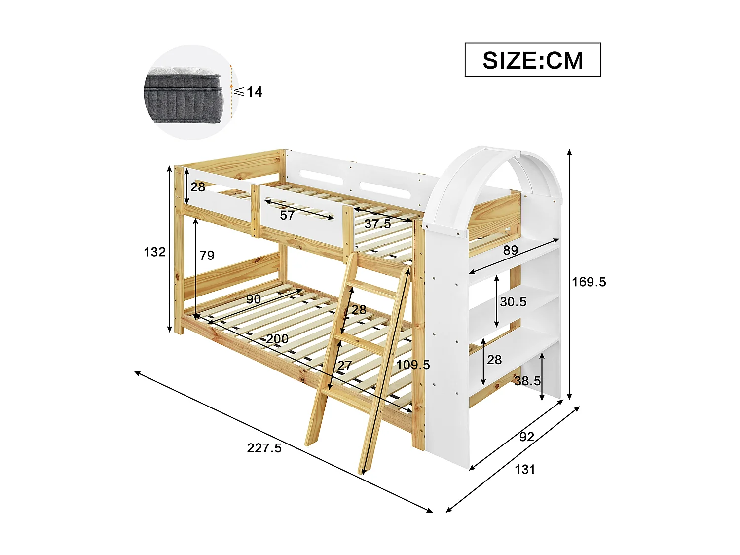 Lit superposé 90 x 200 cm avec étagère, pin + MDF , blanc + naturel