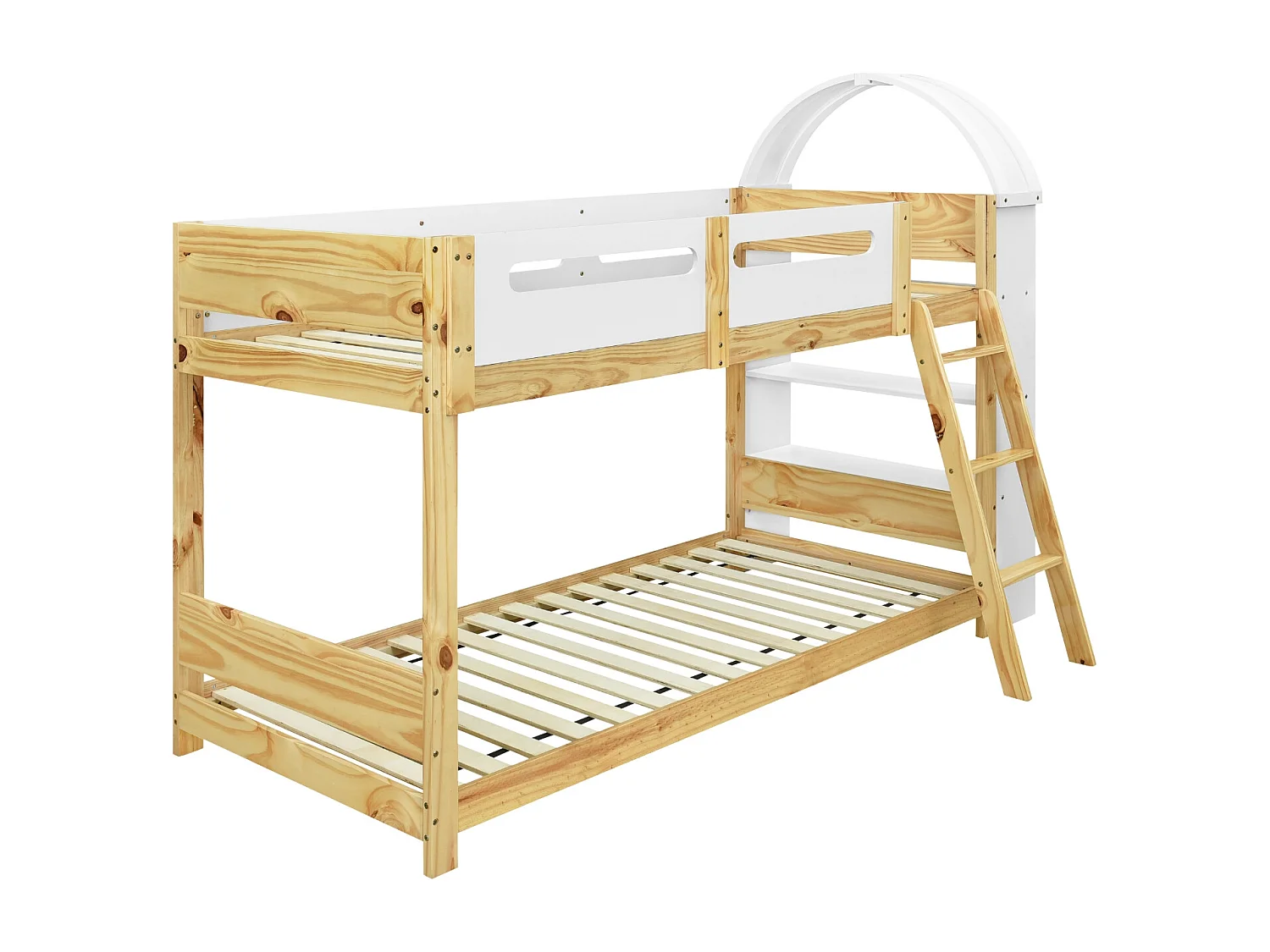 Lit superposé 90 x 200 cm avec étagère, pin + MDF , blanc + naturel
