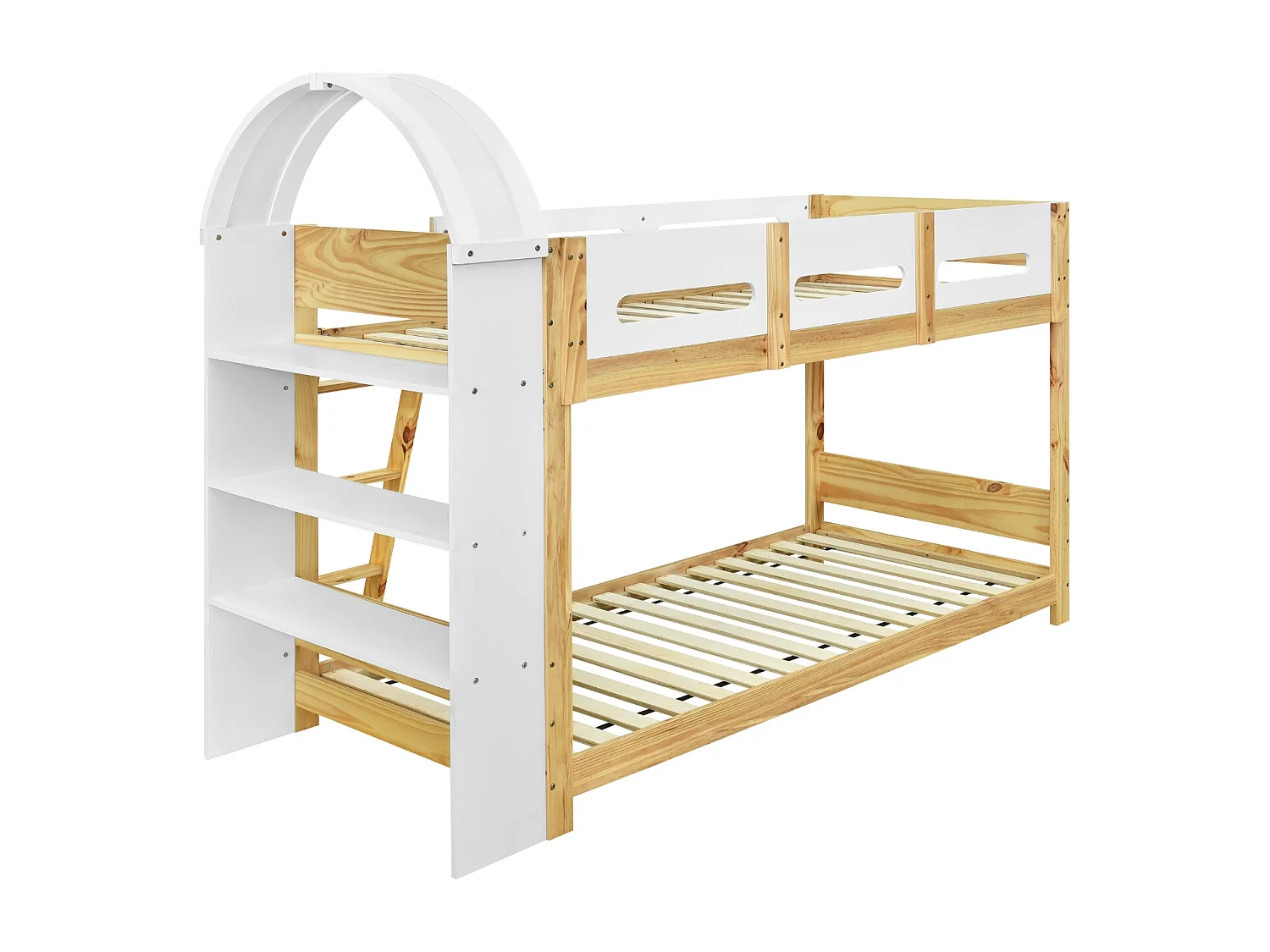 Lit superposé 90 x 200 cm avec étagère, pin + MDF , blanc + naturel