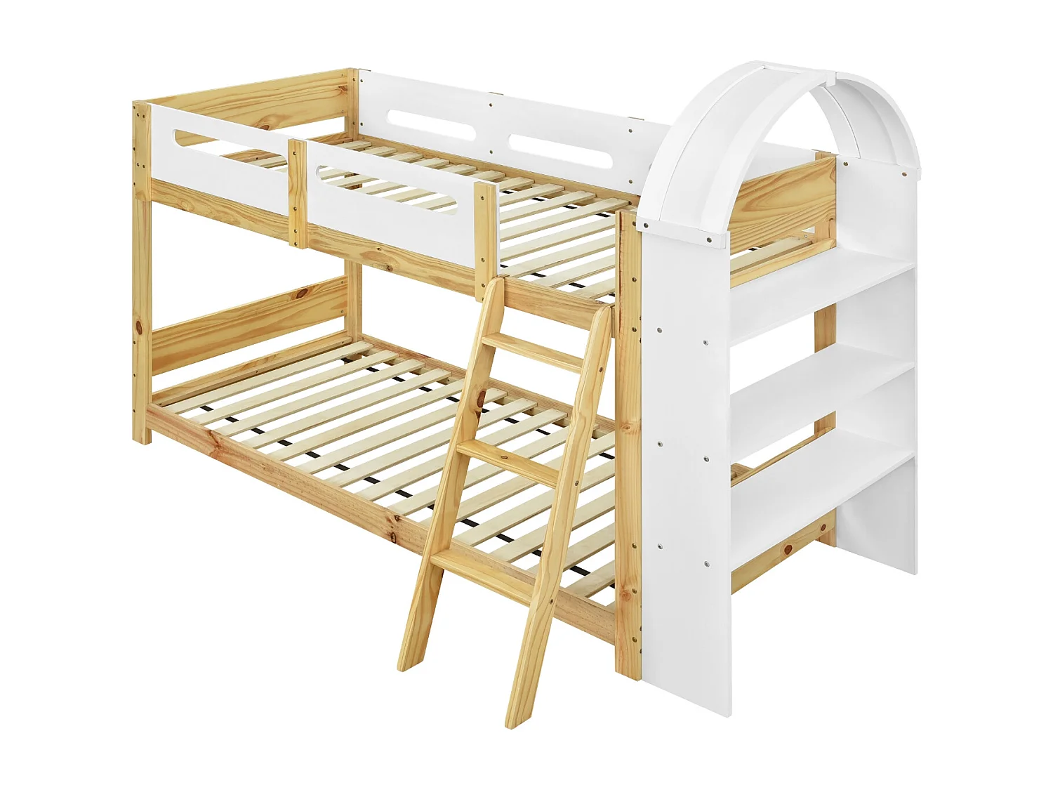 Lit superposé 90 x 200 cm avec étagère, pin + MDF , blanc + naturel