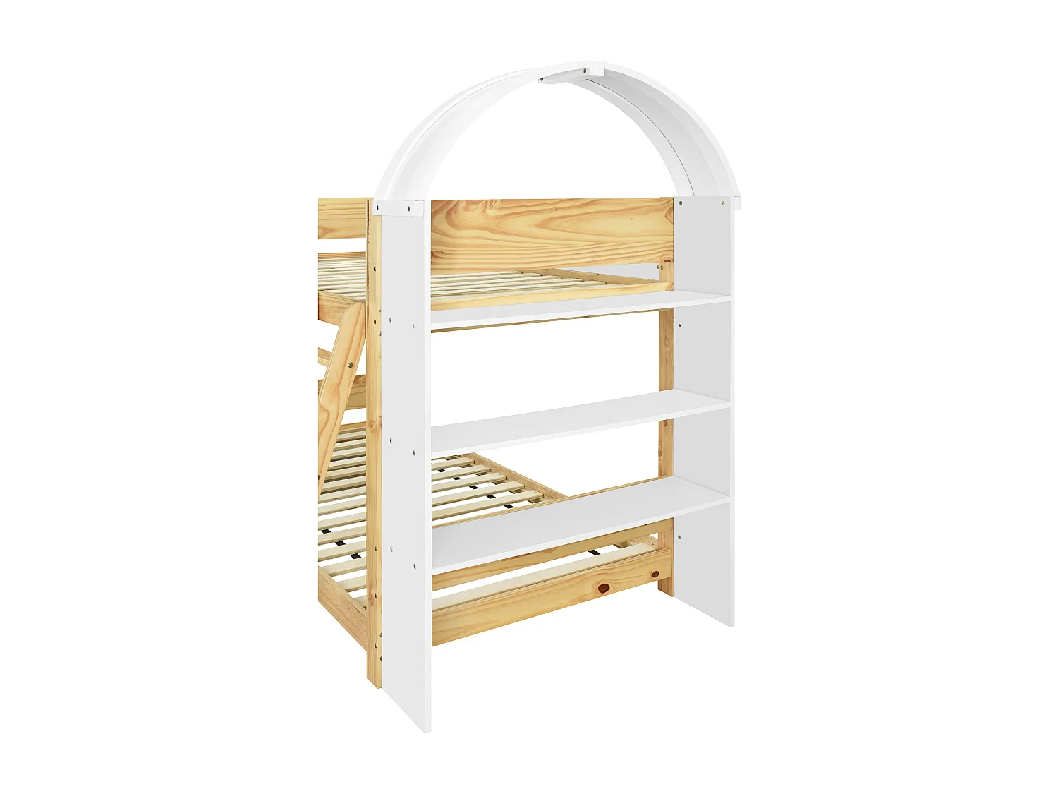 Lit superposé 90 x 200 cm avec étagère, pin + MDF , blanc + naturel