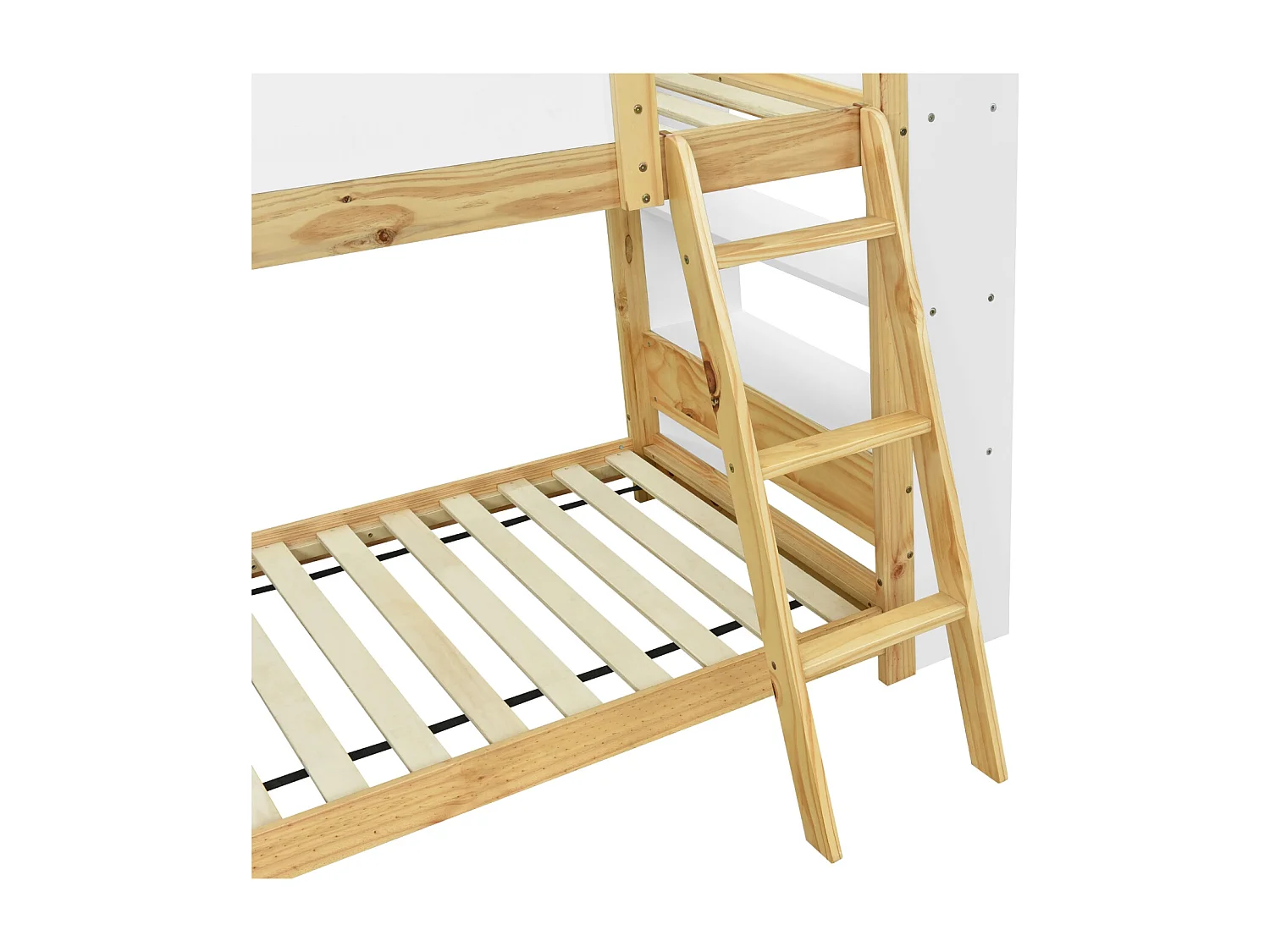 Lit superposé 90 x 200 cm avec étagère, pin + MDF , blanc + naturel