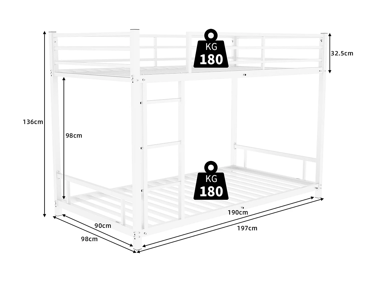 Kinderstapelbed 90x190 cm van metaal - Wit