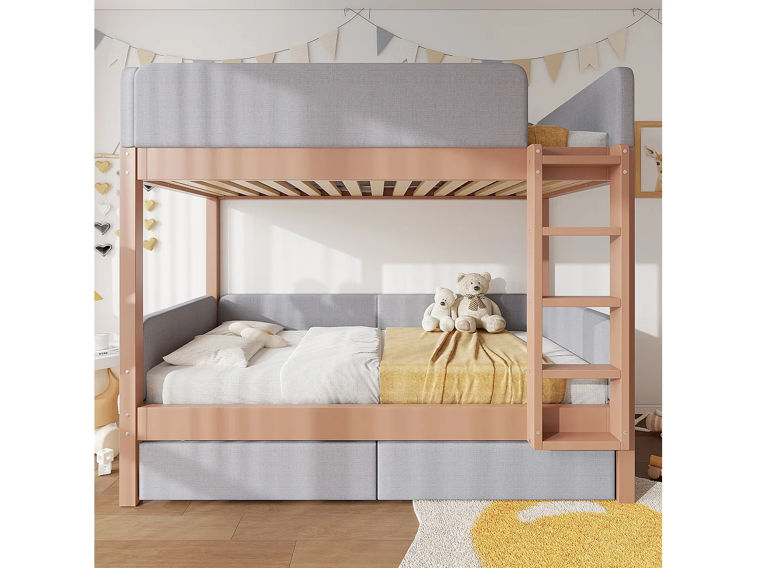 Lit superposé enfant 90x200 cm avec 2 tiroirs, barrières doux - Gris et bois