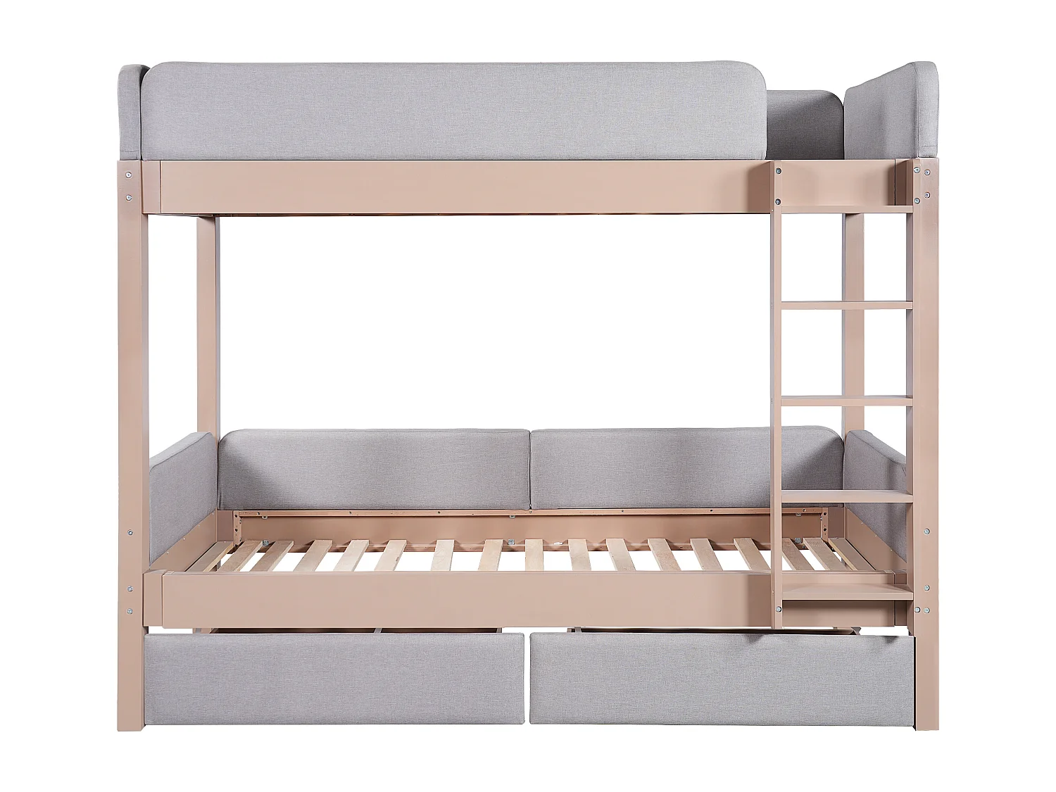 Lit superposé enfant 90x200 cm avec 2 tiroirs, barrières doux - Gris et bois