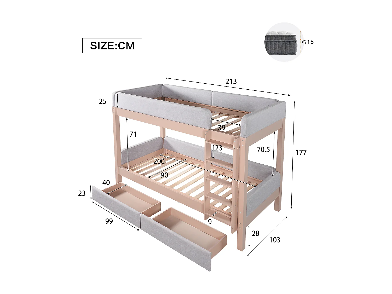 Lit superposé enfant 90x200 cm avec 2 tiroirs, barrières doux - Gris et bois