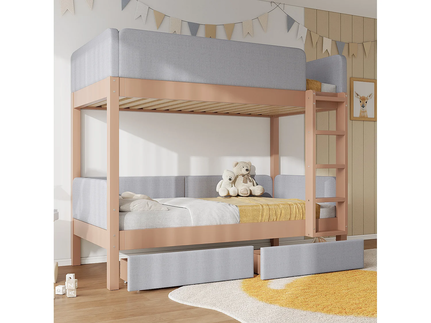 Lit superposé enfant 90x200 cm avec 2 tiroirs, barrières doux - Gris et bois