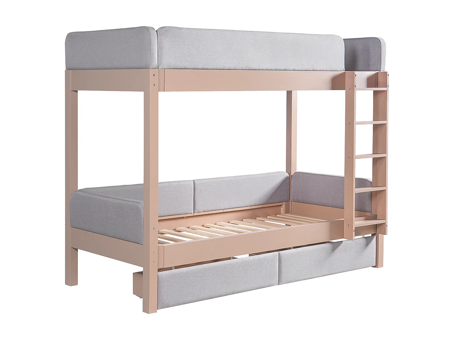 Lit superposé enfant 90x200 cm avec 2 tiroirs, barrières doux - Gris et bois