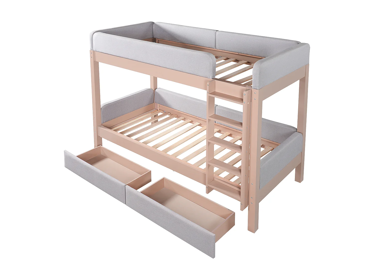 Lit superposé enfant 90x200 cm avec 2 tiroirs, barrières doux - Gris et bois