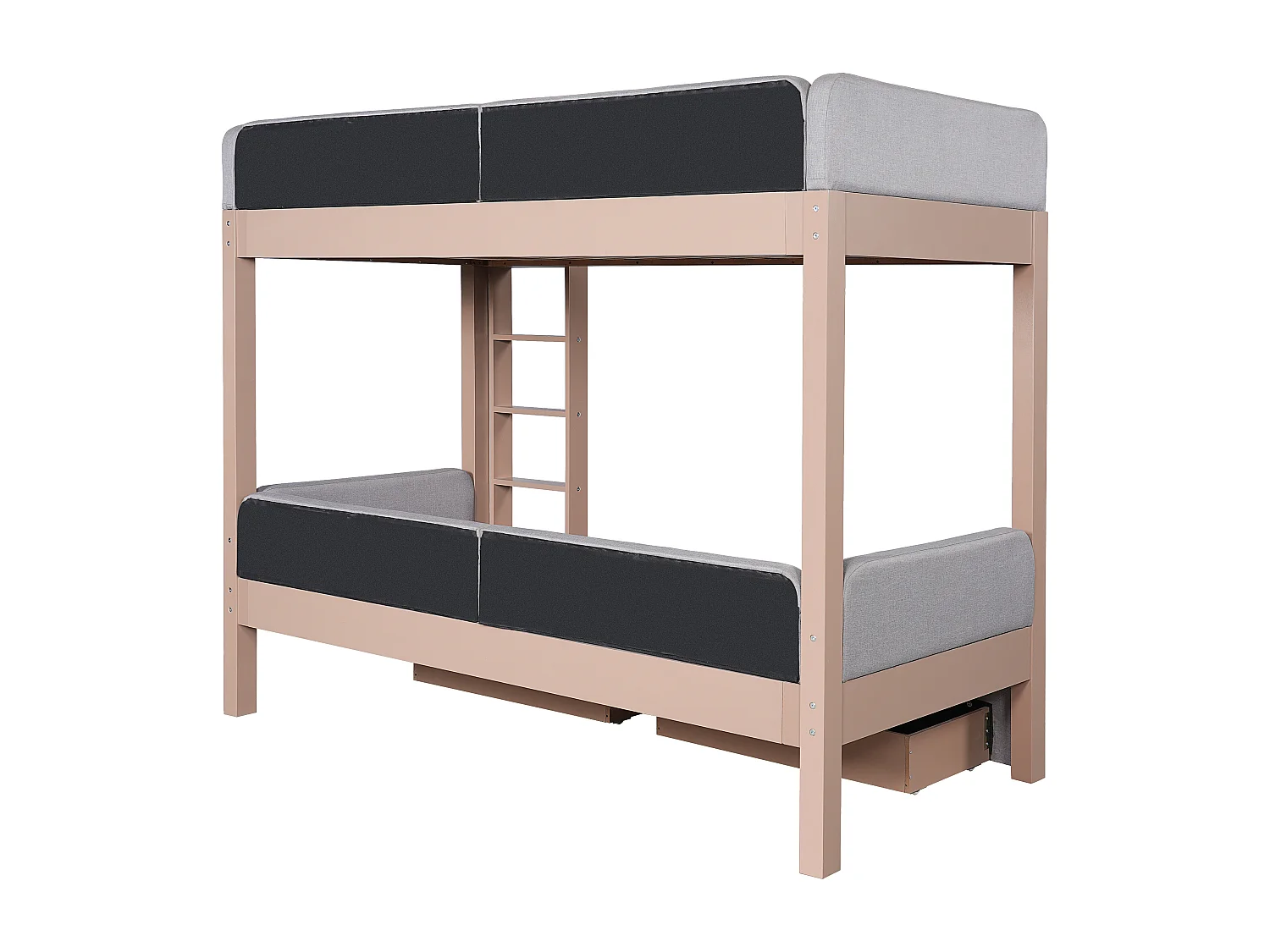 Lit superposé enfant 90x200 cm avec 2 tiroirs, barrières doux - Gris et bois