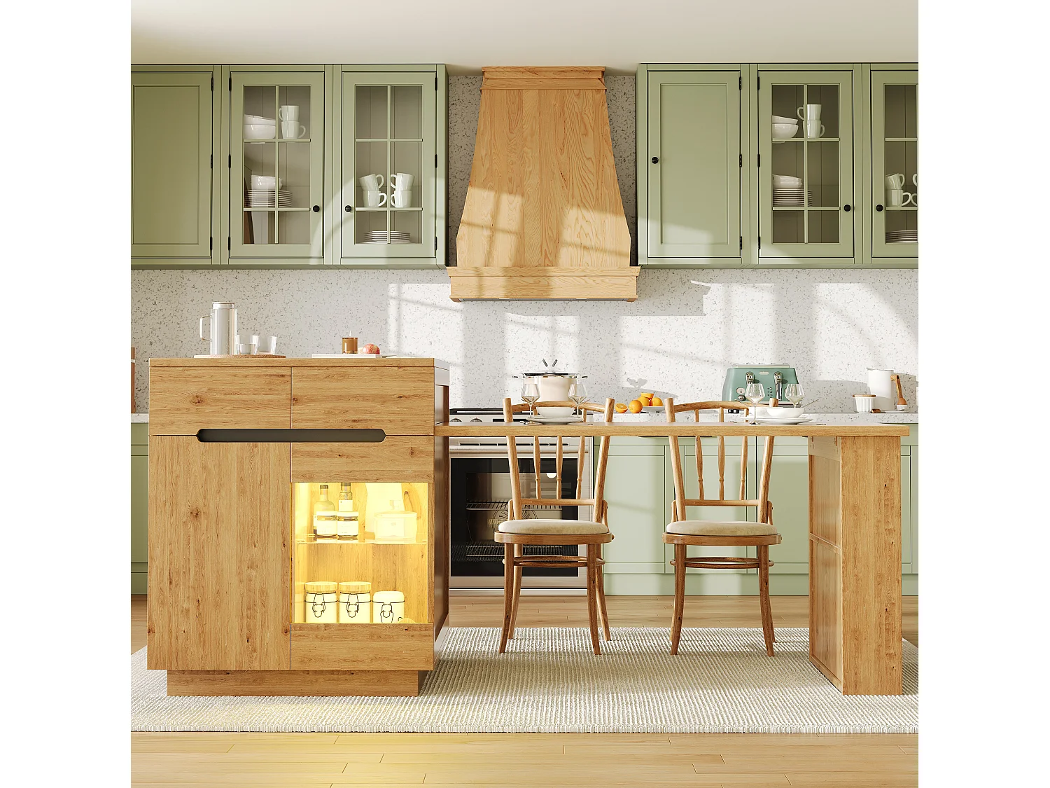 Îlot de cuisine avec table extensible, LED, et rangement - Aspect chêne - Couleur bois