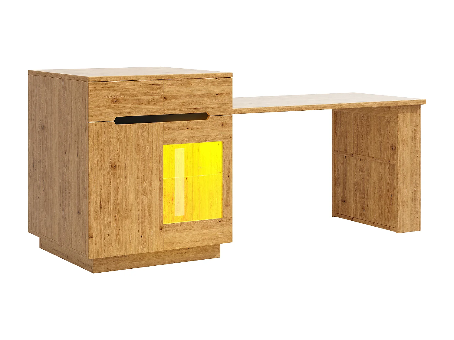 Îlot de cuisine avec table extensible, LED, et rangement - Aspect chêne - Couleur bois