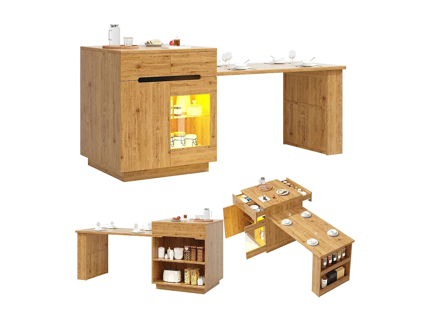Îlot de cuisine avec table extensible, LED, et rangement - Aspect chêne - Couleur bois