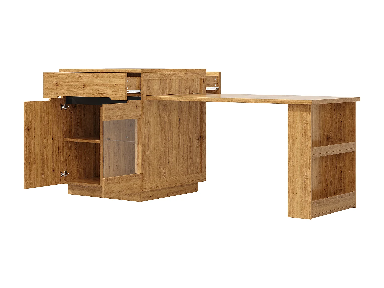 Îlot de cuisine avec table extensible, LED, et rangement - Aspect chêne - Couleur bois