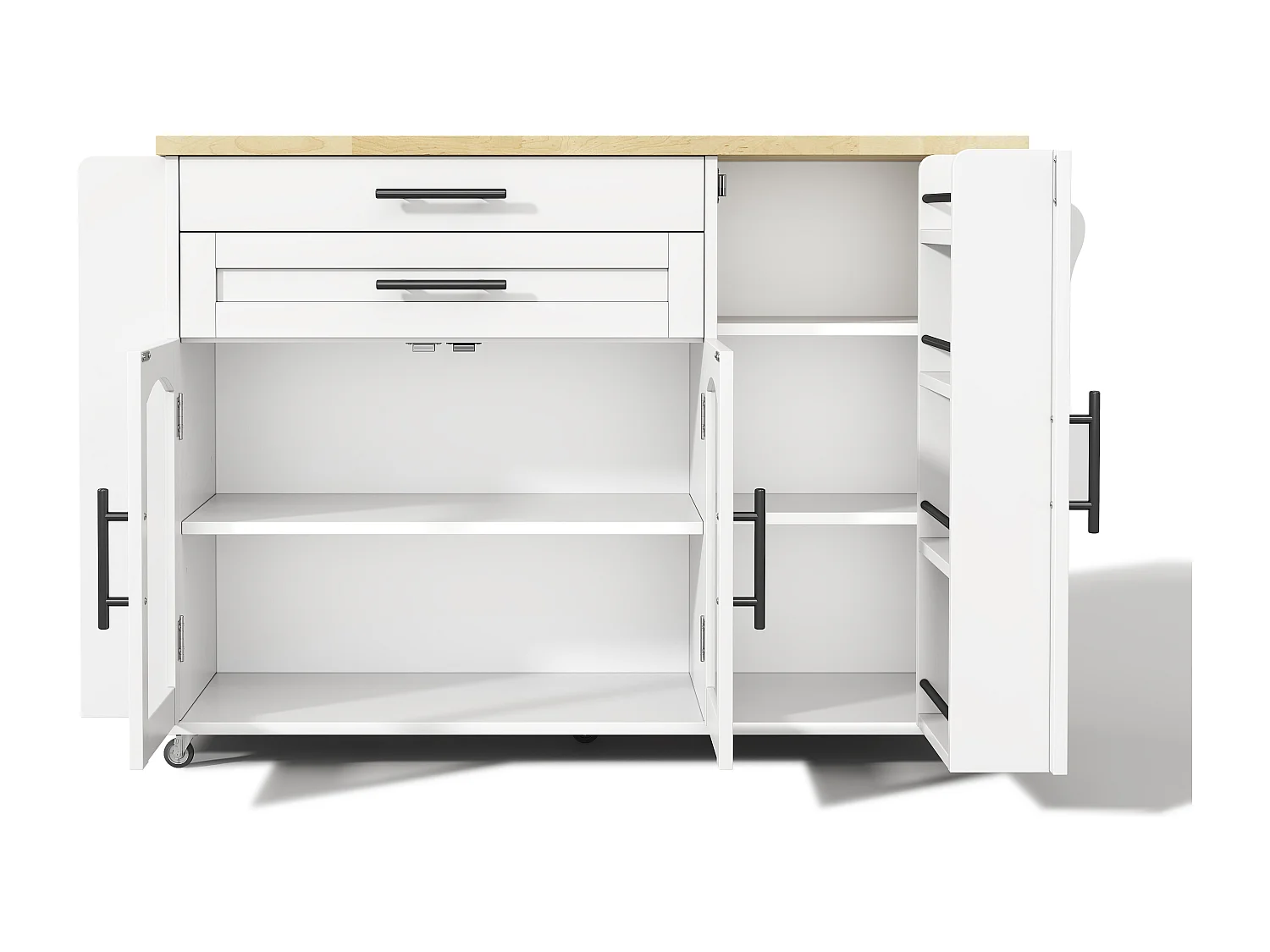 Îlot de cuisine sur roulettes avec plateau rabattable et 2 tiroirs - Blanc 138 x 45 (70) x 90 cm