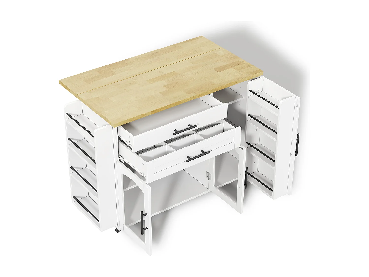 Îlot de cuisine sur roulettes avec plateau rabattable et 2 tiroirs - Blanc 138 x 45 (70) x 90 cm