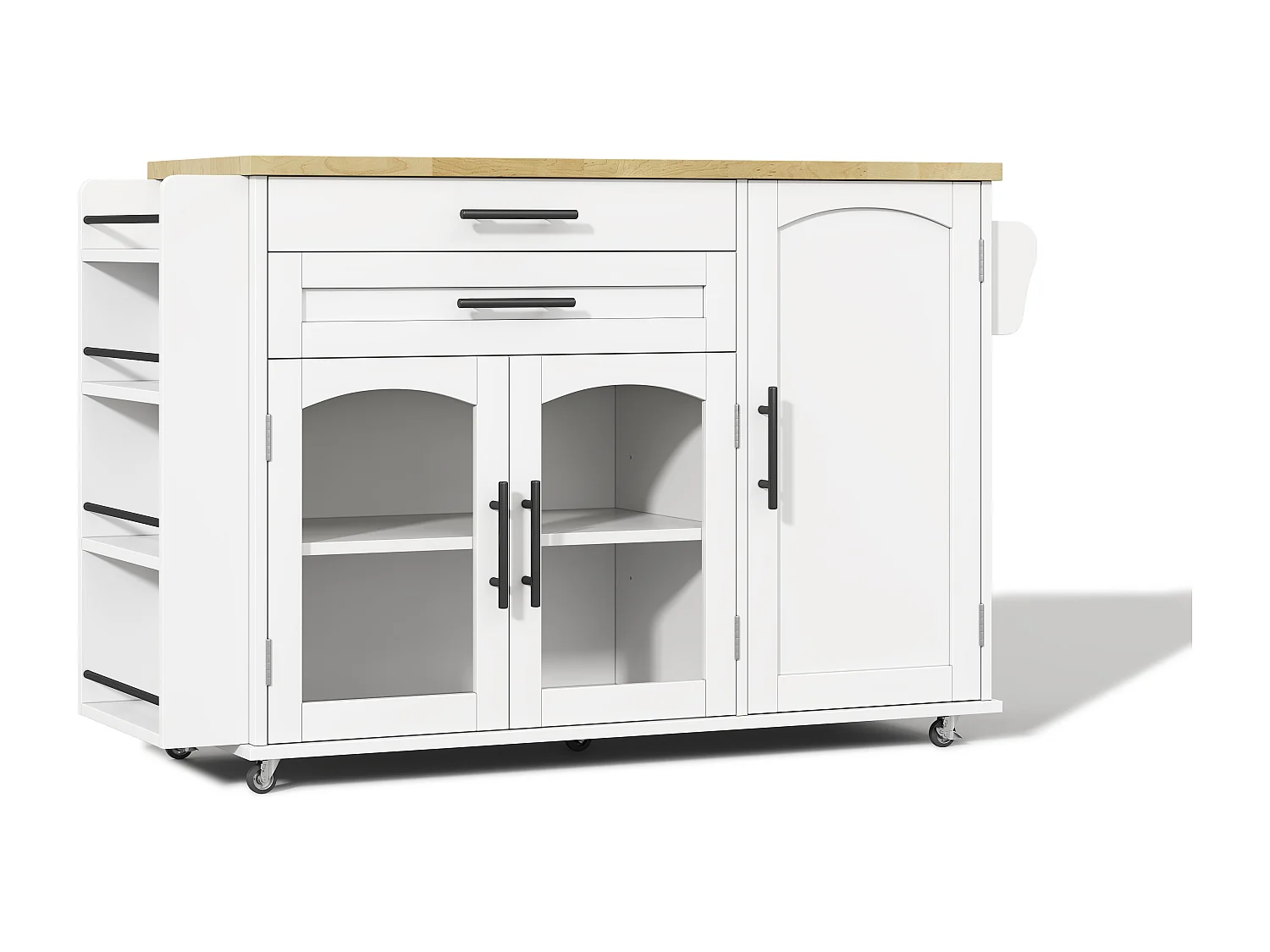 Îlot de cuisine sur roulettes avec plateau rabattable et 2 tiroirs - Blanc 138 x 45 (70) x 90 cm